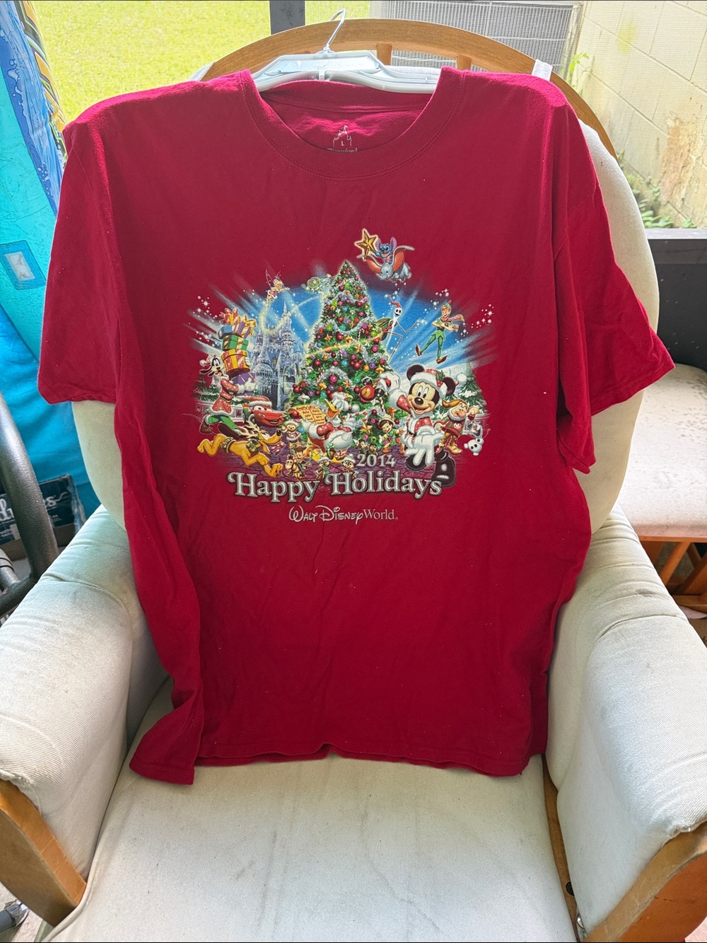 Disney Red Holiday Graphic Tee with Festive Character Art